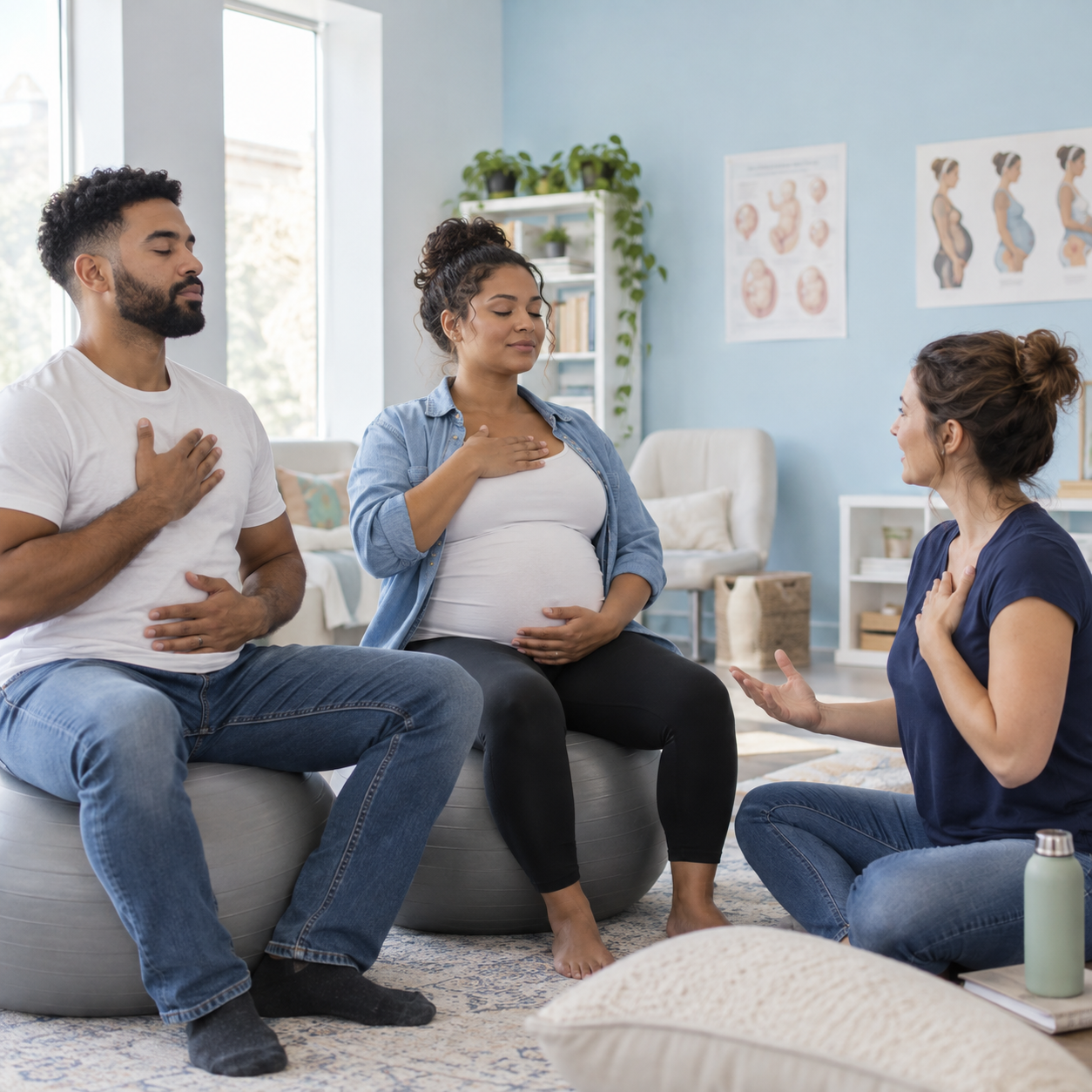 An expectant couple practicing breathing with an educator