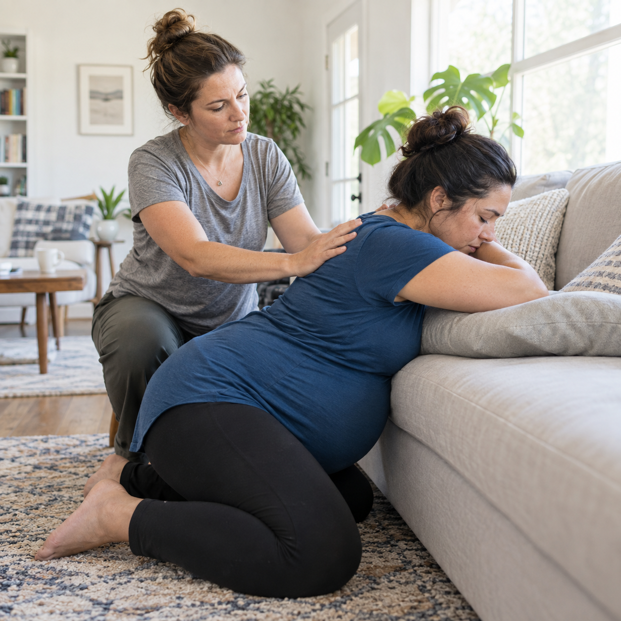 A doula supporting a pregnant woman practicing a labor position