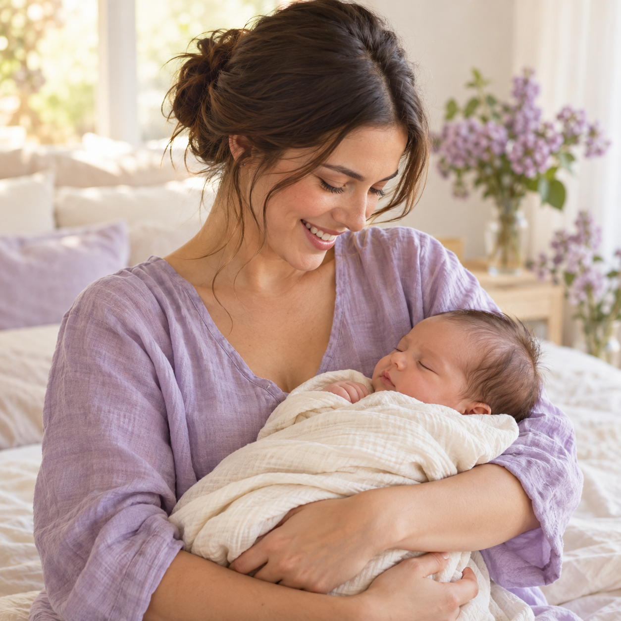 A mother smiling as she cradles her newborn