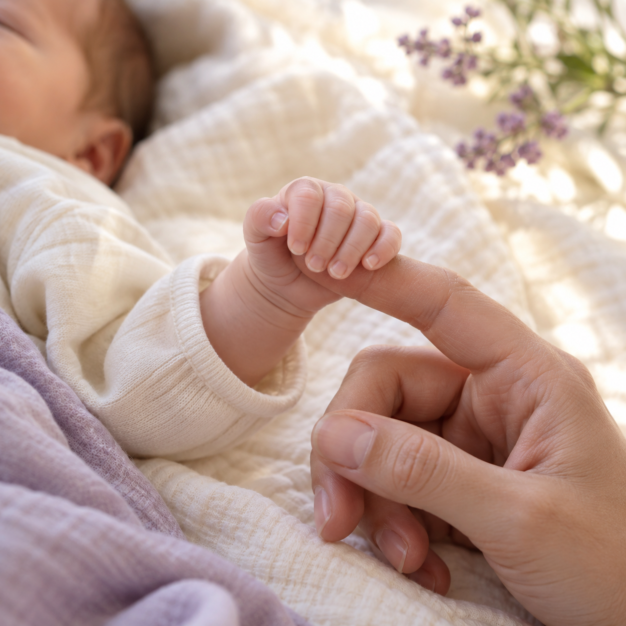 A newborn hand gently holding an adult finger