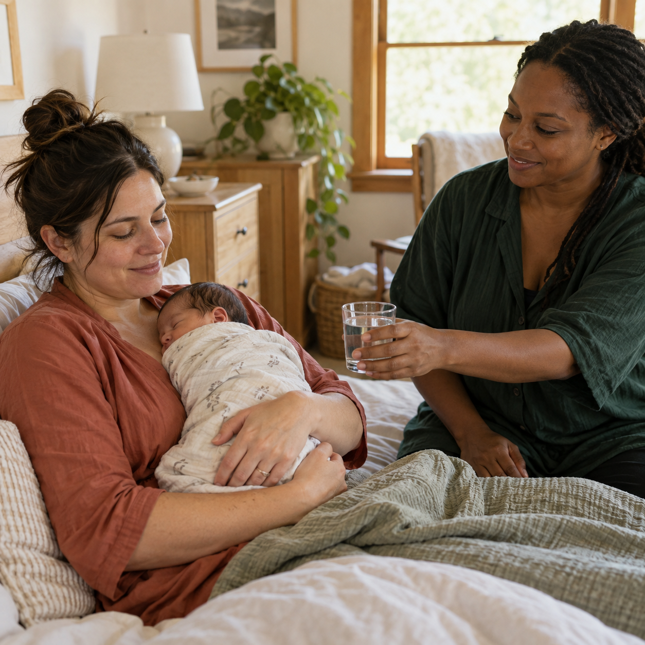 A doula offering water to a mother holding her newborn